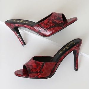 Lulu’s Red and Black Snake High Heel Sandals